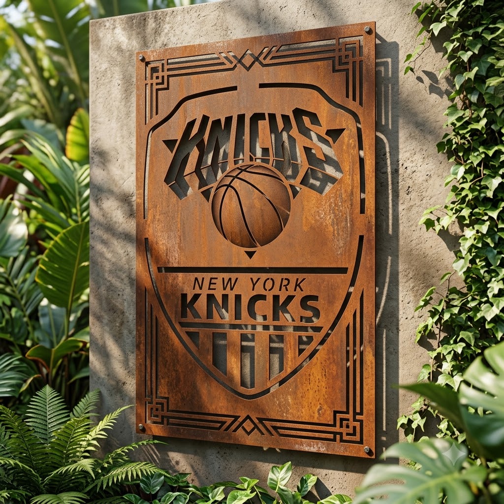 New York Knicks Shield Shape Custom Metal Garden PanelNBA Fan Wall Art Home Decor