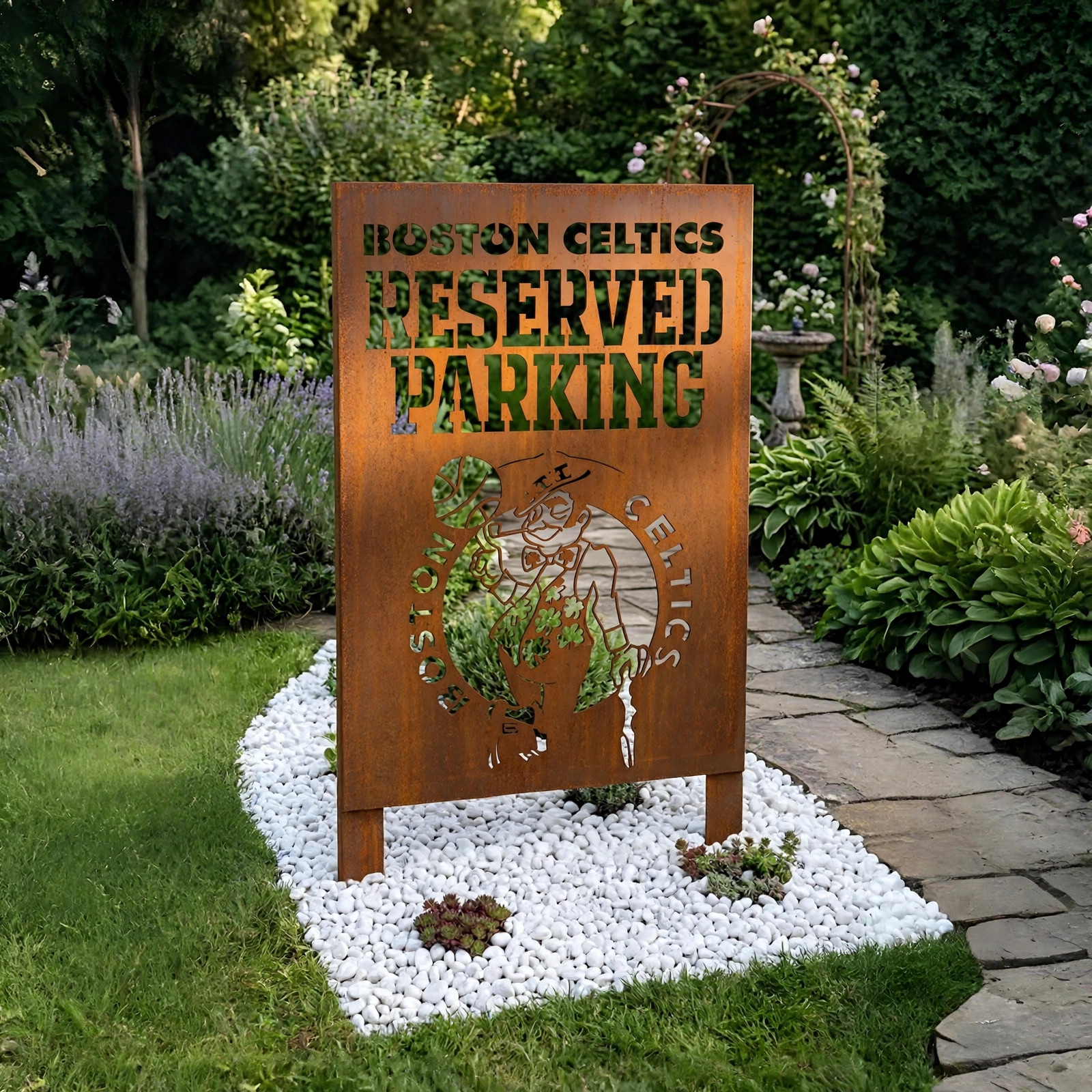 Boston Celtics Reserved Parking Logo Metal Garden Panel – NBA Basketball Fan Outdoor Yard Decor Gift