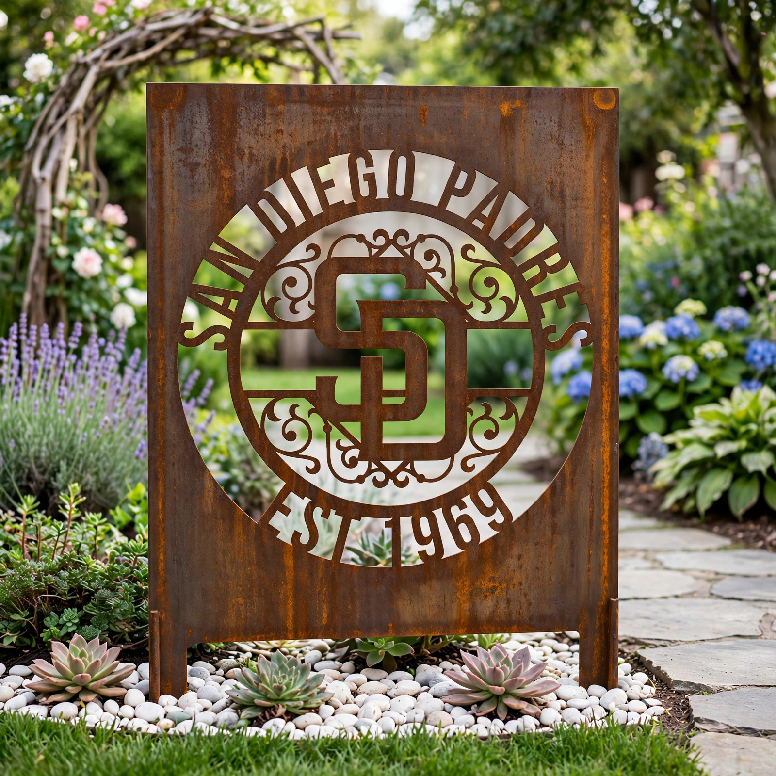 San Diego Padres Monogram Logo Metal Garden Panel – MLB Baseball Fan Outdoor Yard Decor Gift