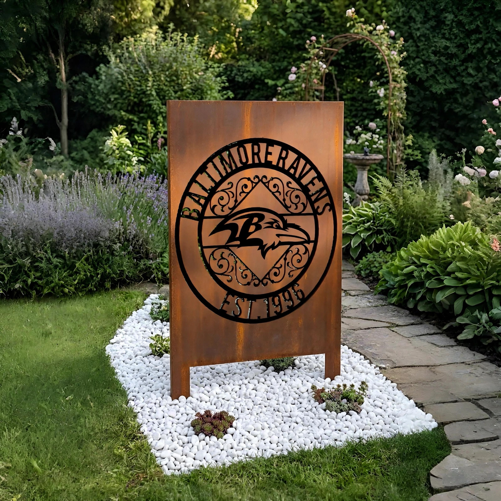 Baltimore Ravens Monogram Logo Metal Garden Panel – NFL American Football Fan Outdoor Decor Gift