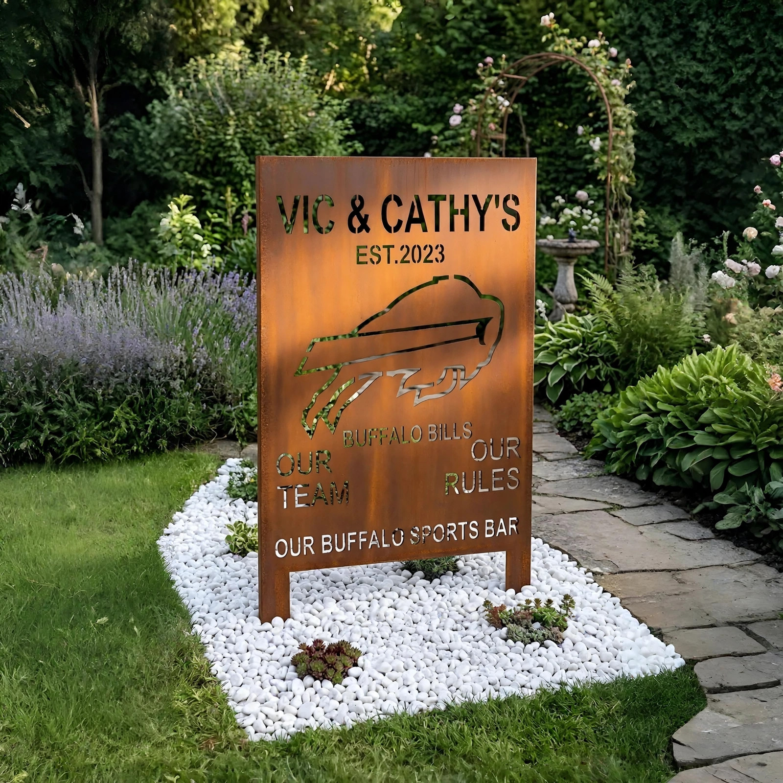 Buffalo Bills Personalized Logo Metal Garden Panel – NFL American Football Fan Outdoor Decor Gift