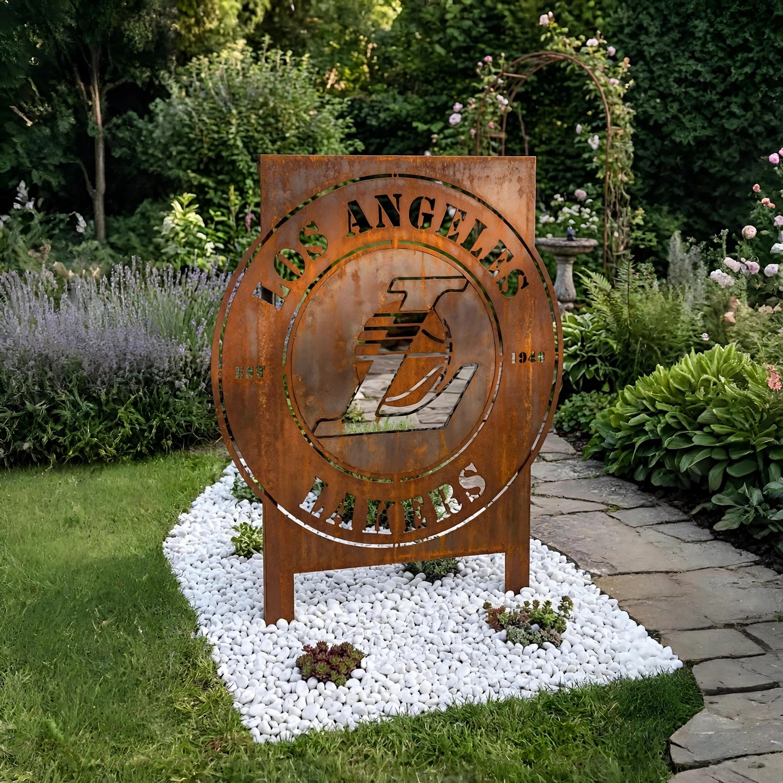 Los Angeles Lakers Logo Metal Garden Panel – NBA Basketball Fan Outdoor Yard Decor Gift