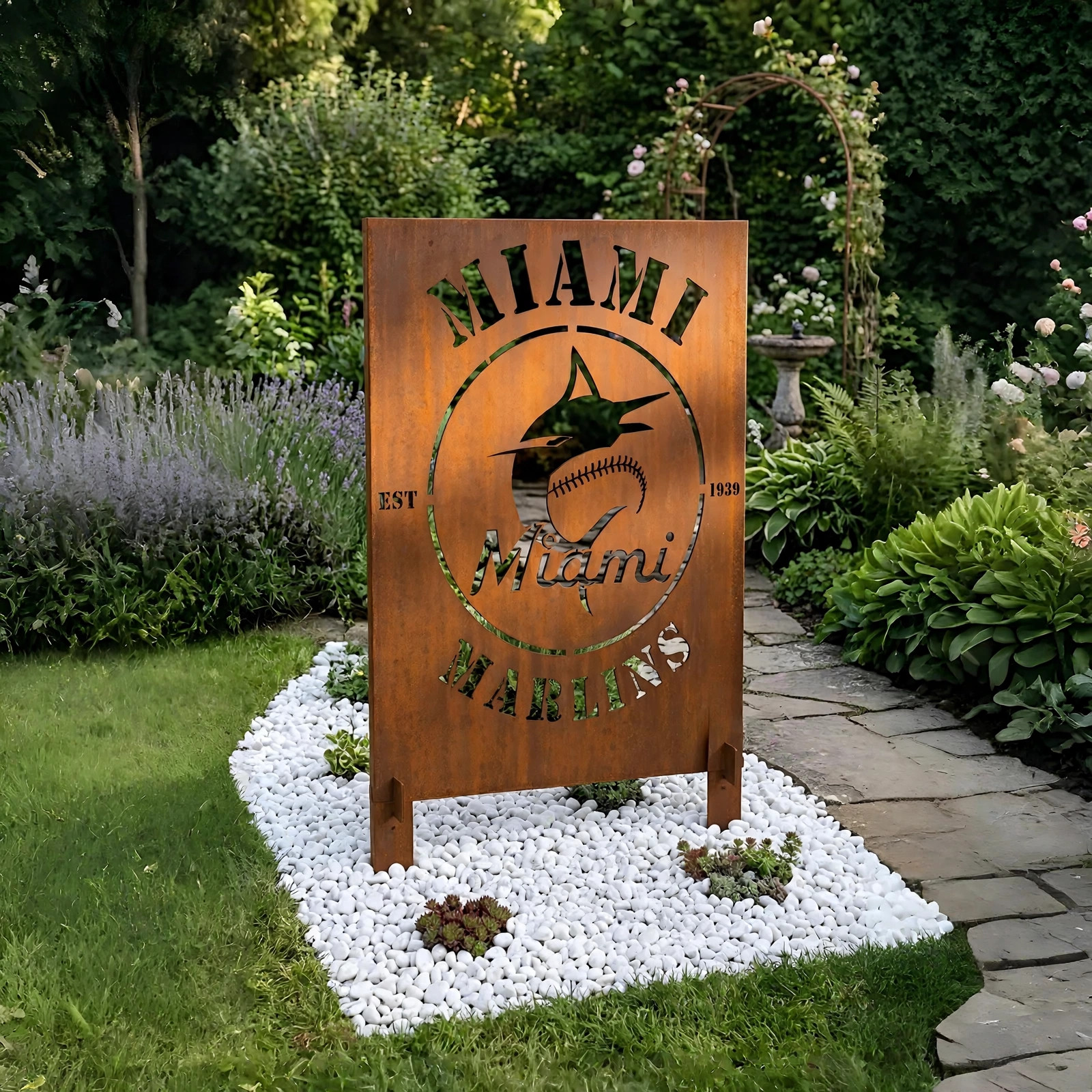 Miami Marlins Logo Metal Garden Panel – MLB Baseball Fan Outdoor Yard Decor Gift