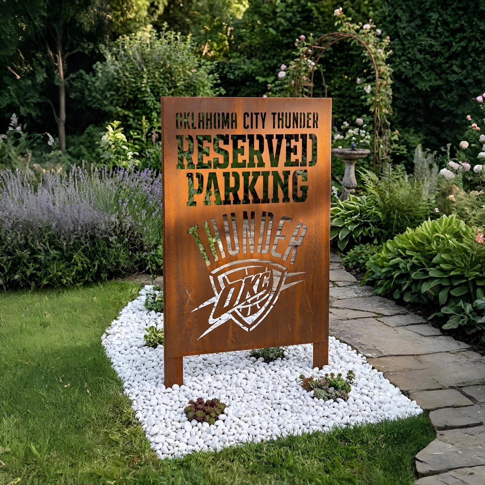 Oklahoma City Thunder Reserved Parking Logo Metal Garden Panel – NBA Basketball Fan Outdoor Decor Gift