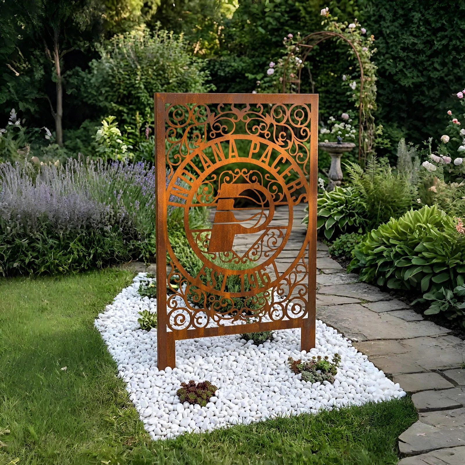 Indiana Pacers Monogram Logo Metal Garden Panel – NBA Basketball Fan Outdoor Yard Decor Gift