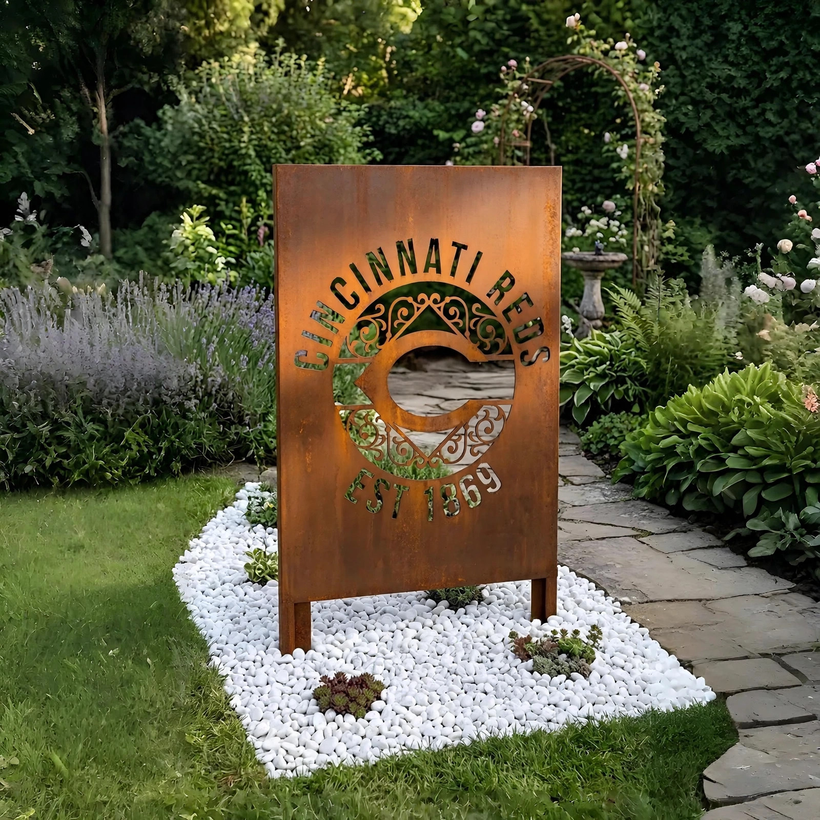 Cincinnati Reds Monogram Logo Metal Garden Panel – MLB Baseball Fan Outdoor Yard Decor Gift