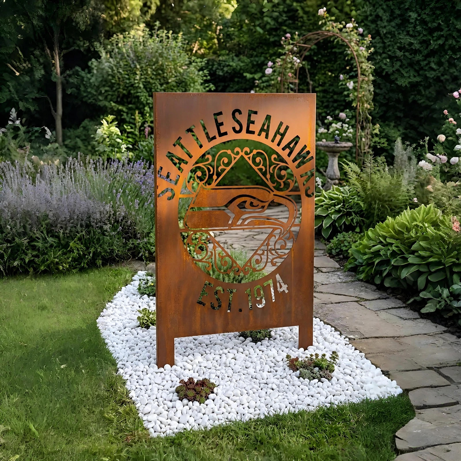 Seattle Seahawks Monogram Logo Metal Garden Panel – NFL American Football Fan Outdoor Decor Gift