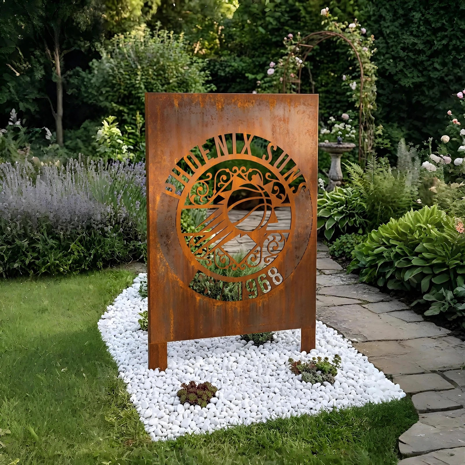 Phoenix Suns Monogram Logo Metal Garden Panel – NBA Basketball Fan Outdoor Yard Decor Gift