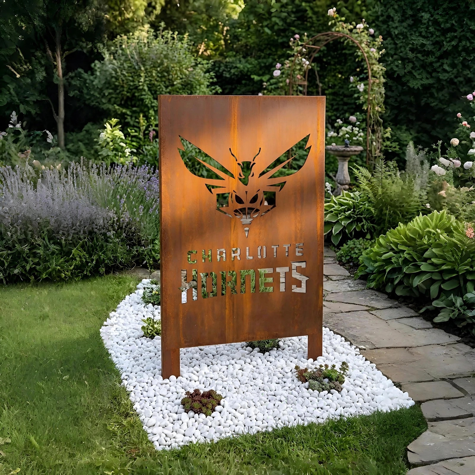 Charlotte Hornets Logo Metal Garden Panel – NBA Basketball Fan Outdoor Yard Decor Gift