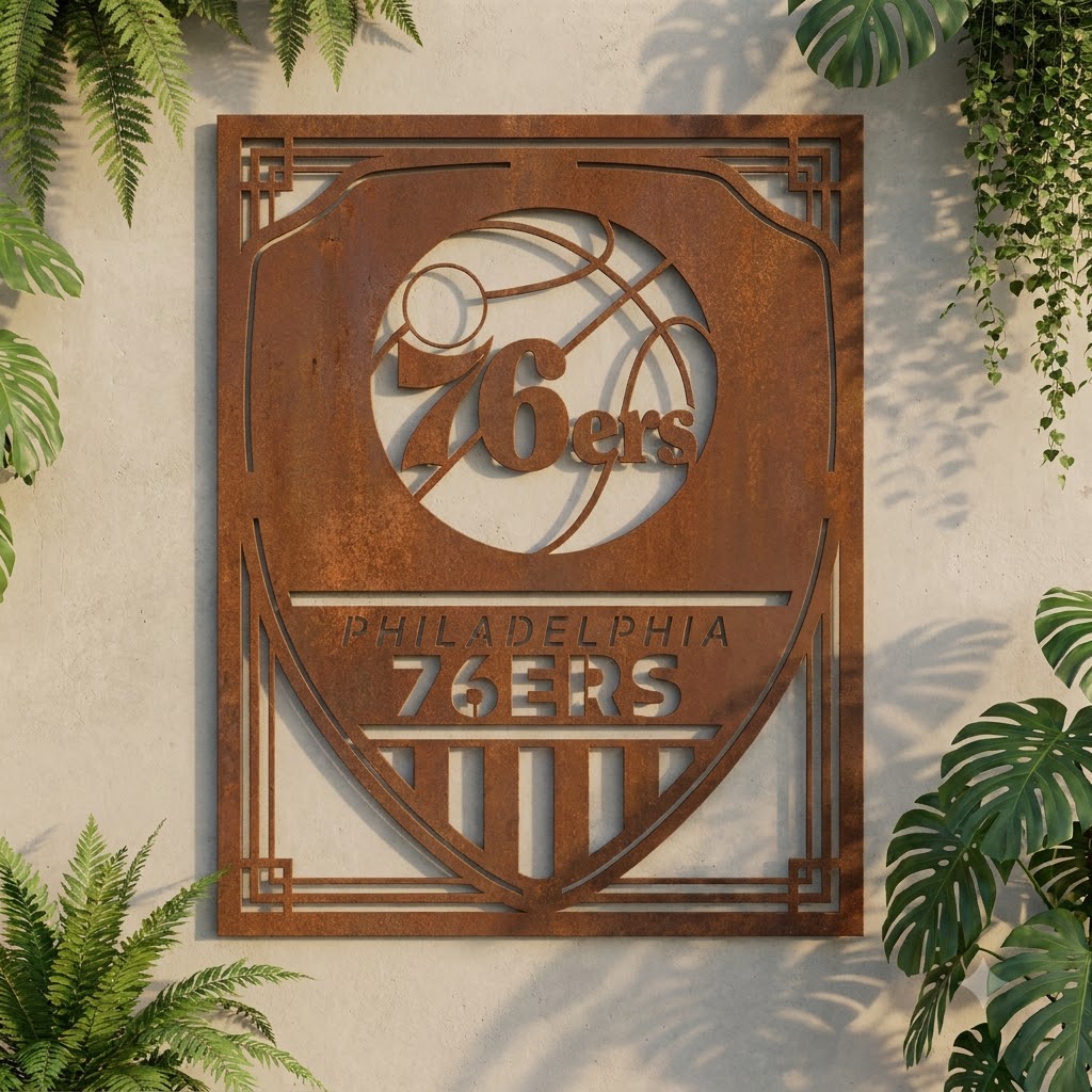 Philadelphia 76ers Shield Shape Custom Metal Garden PanelNBA Fan Wall Art Home Decor