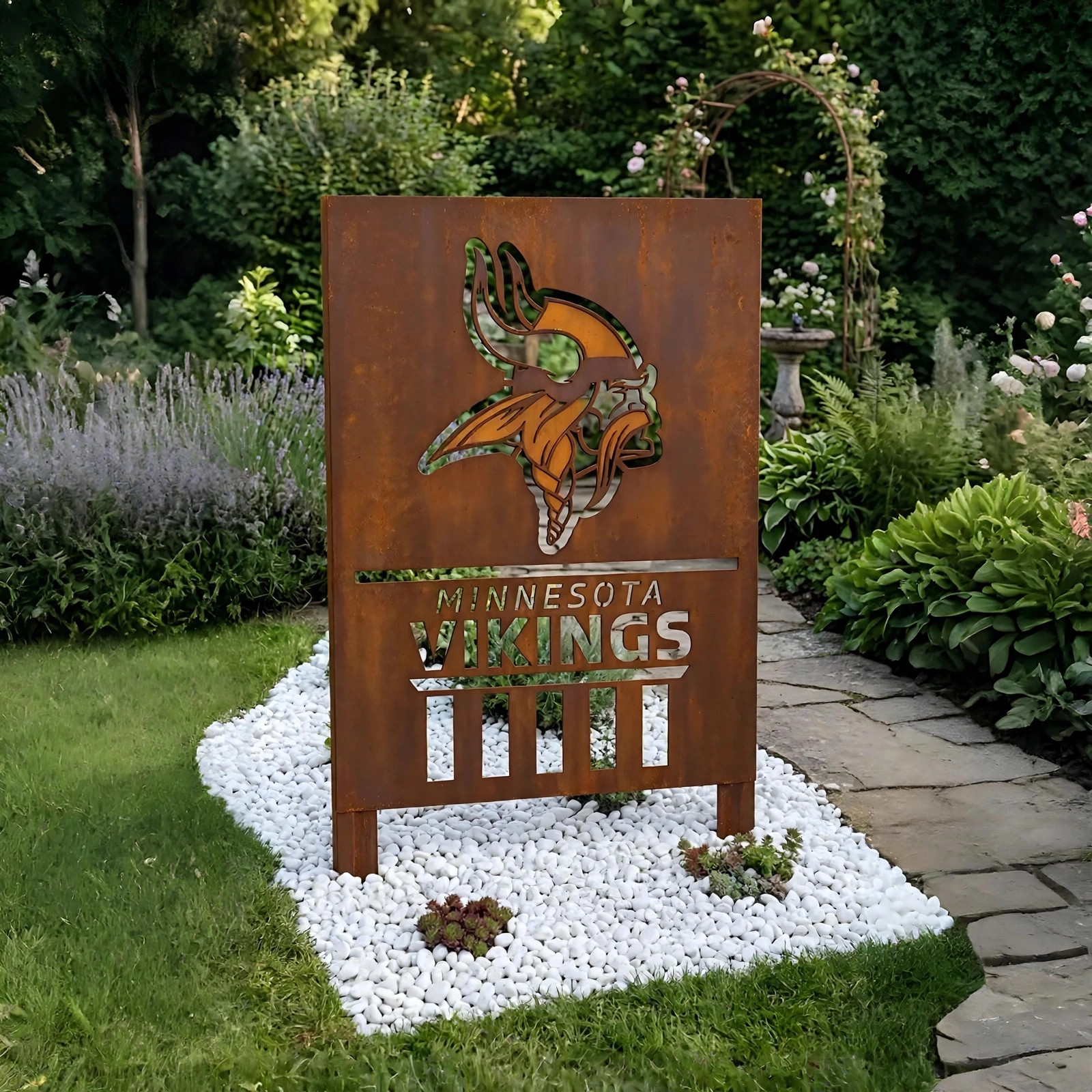 Minnesota Vikings Shield Logo Metal Garden Panel – NFL American Football Fan Outdoor Yard Decor Gift