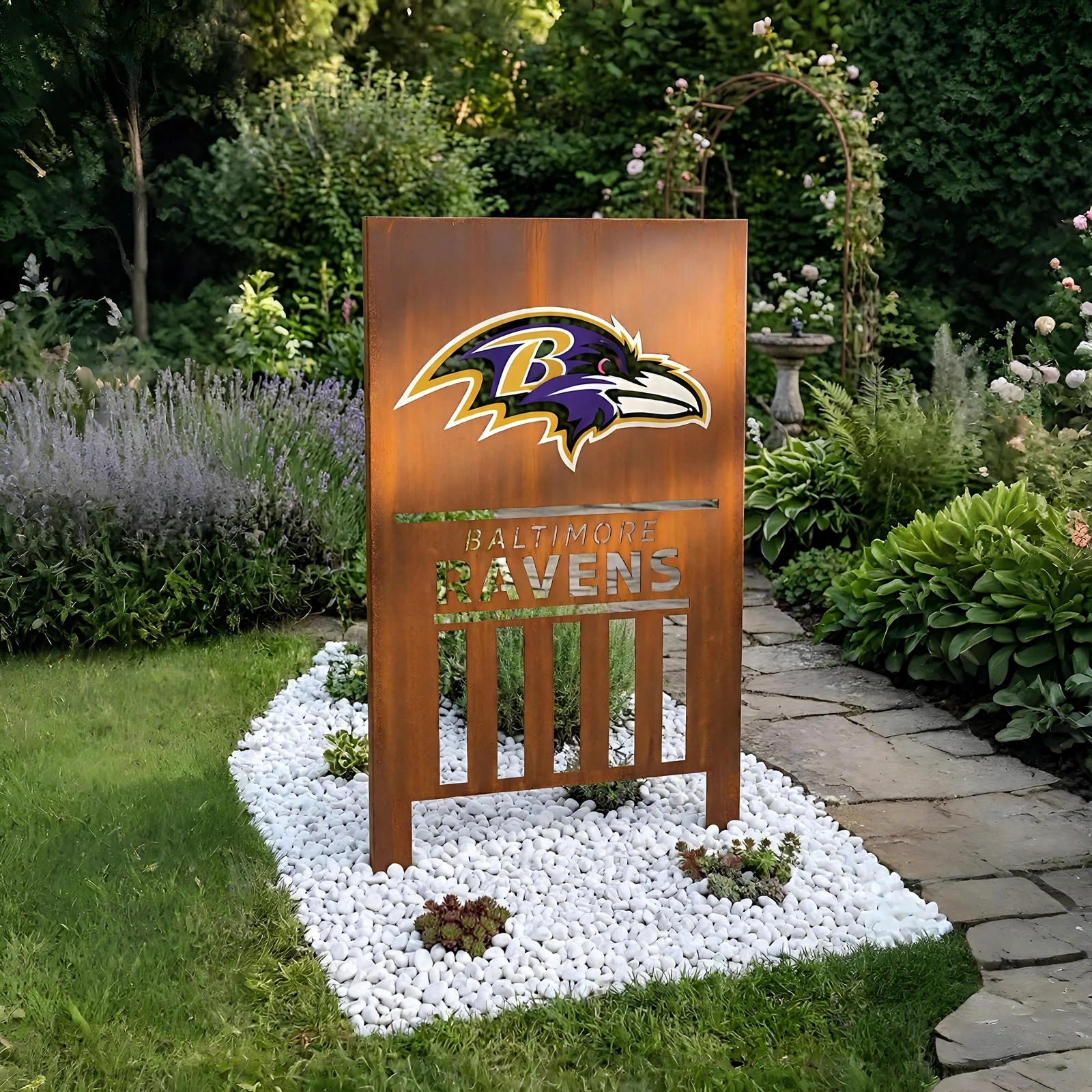 Baltimore Ravens Shield Logo Metal Garden Panel – NFL American Football Fan Outdoor Yard Decor Gift