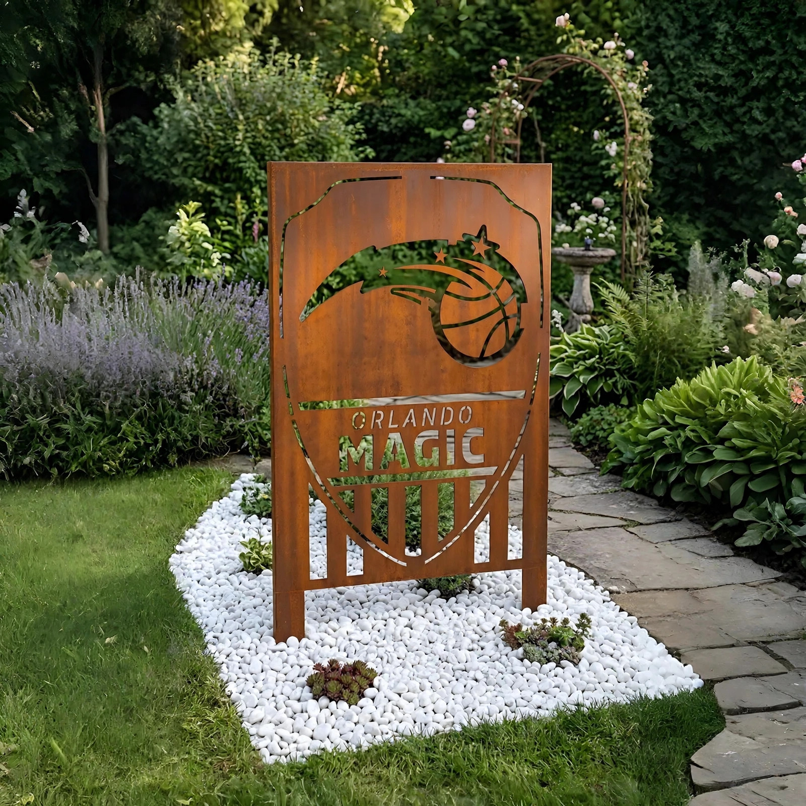 Orlando Magic Shield Logo Metal Garden Panel – NBA Basketball Fan Outdoor Yard Decor Gift