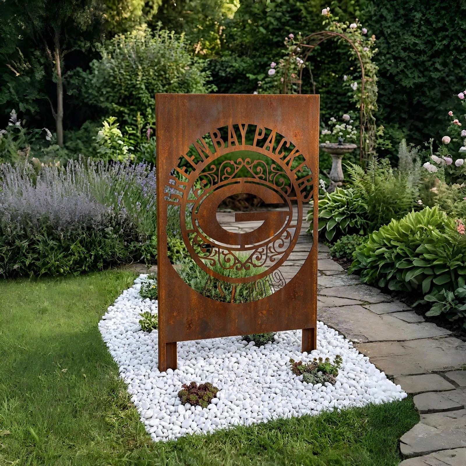 Green Bay Packers Monogram Logo Metal Garden Panel – NFL American Football Fan Outdoor Decor Gift
