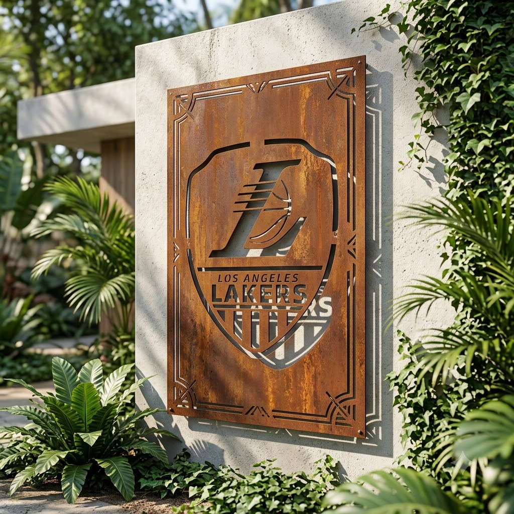 Los Angeles Lakers Shield Shape Custom Metal Garden PanelNBA Fan Wall Art Home Decor