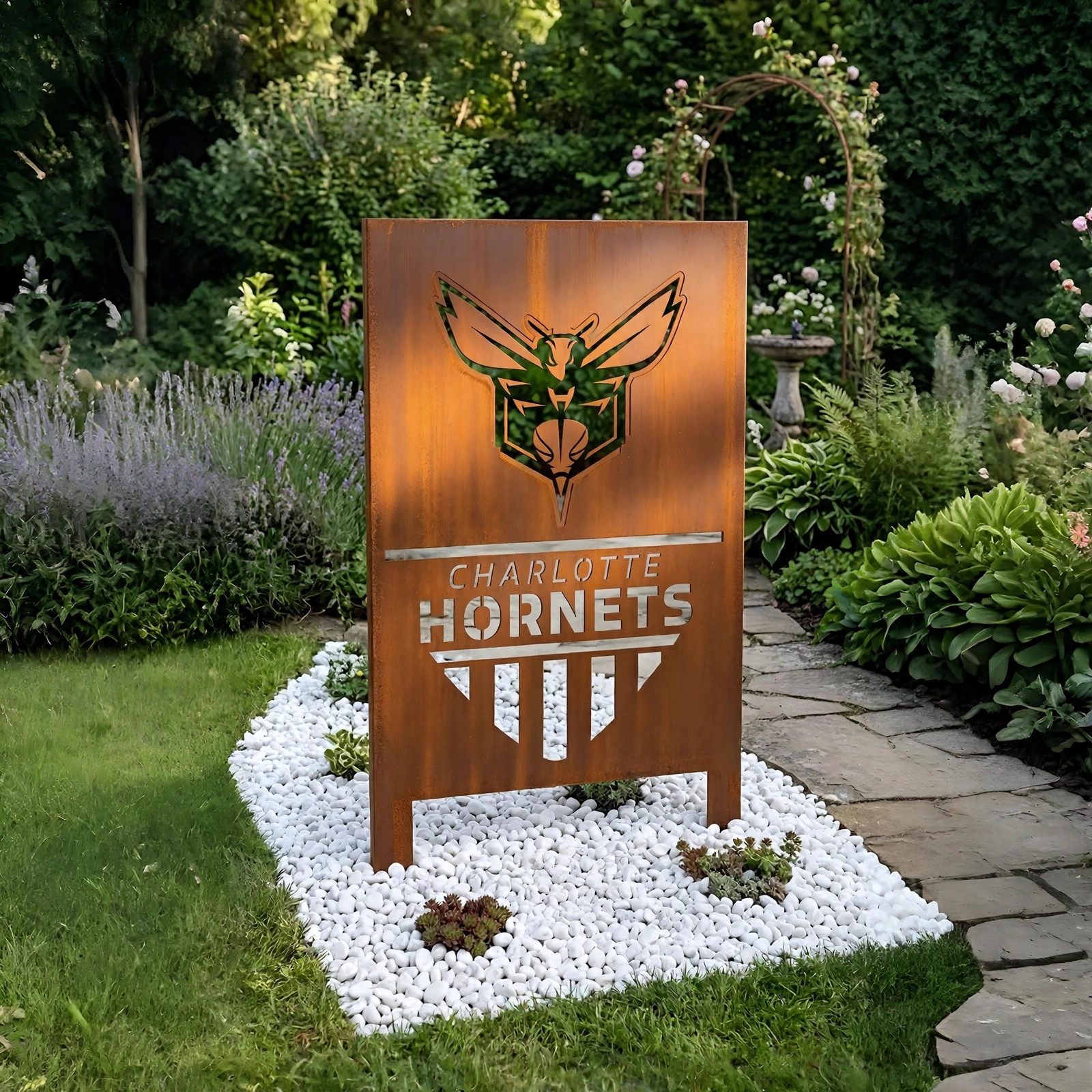 Charlotte Hornets Shield Logo Metal Garden Panel – NBA Basketball Fan Outdoor Yard Decor Gift