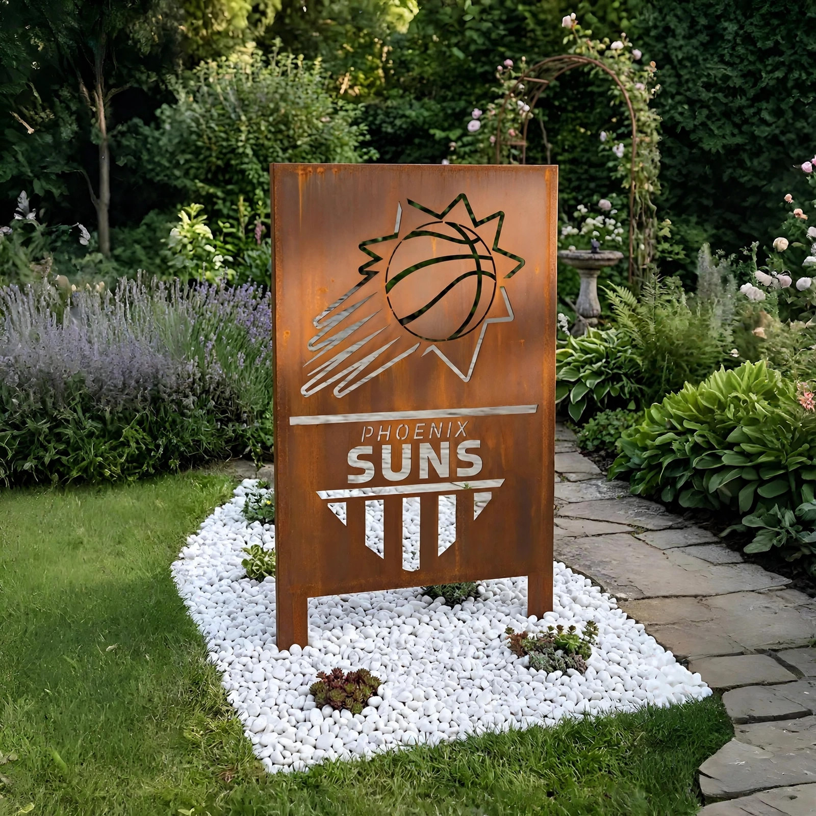 Phoenix Suns Shield Logo Metal Garden Panel – NBA Basketball Fan Outdoor Yard Decor Gift