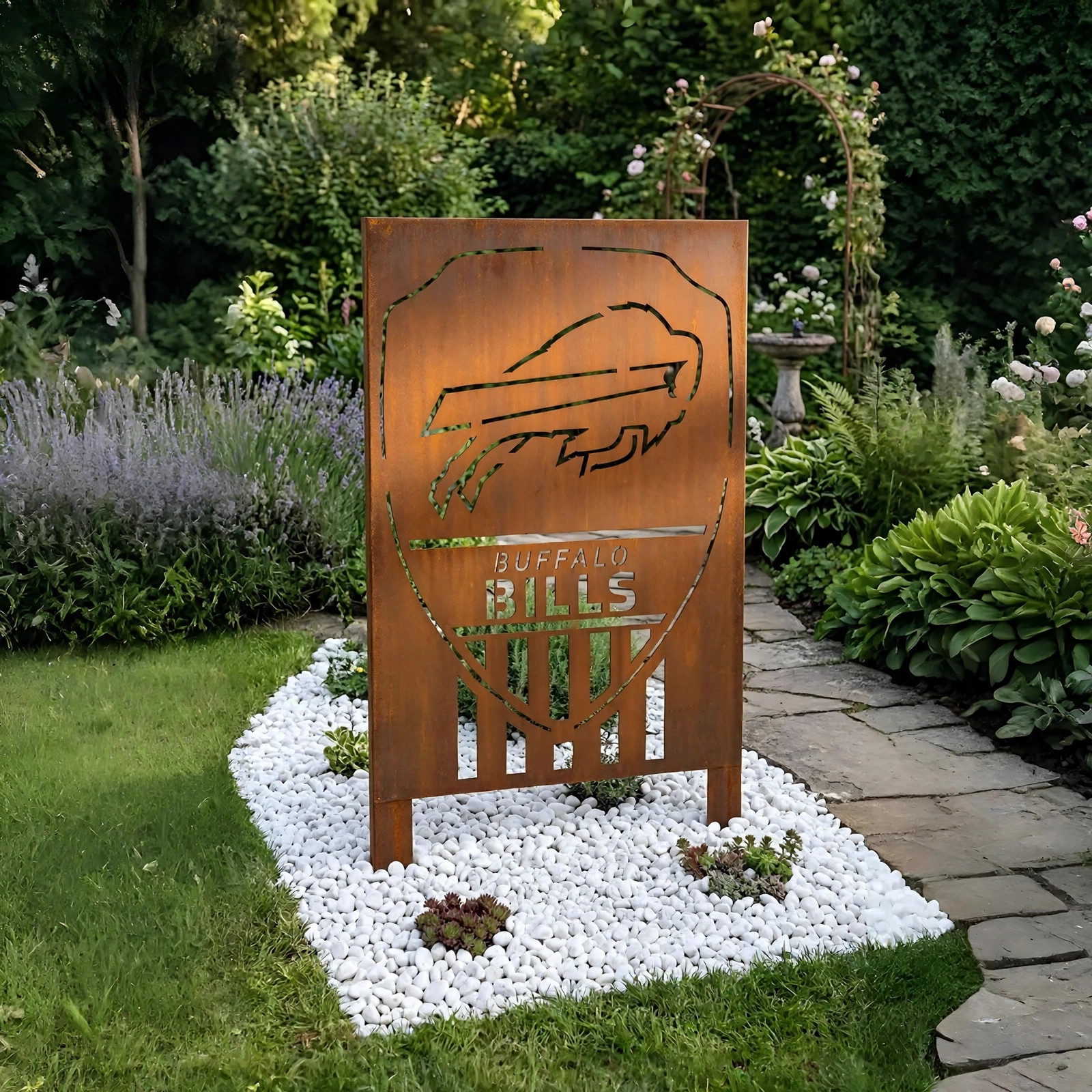 Buffalo Bills Shield Logo Metal Garden Panel – NFL American Football Fan Outdoor Yard Decor Gift