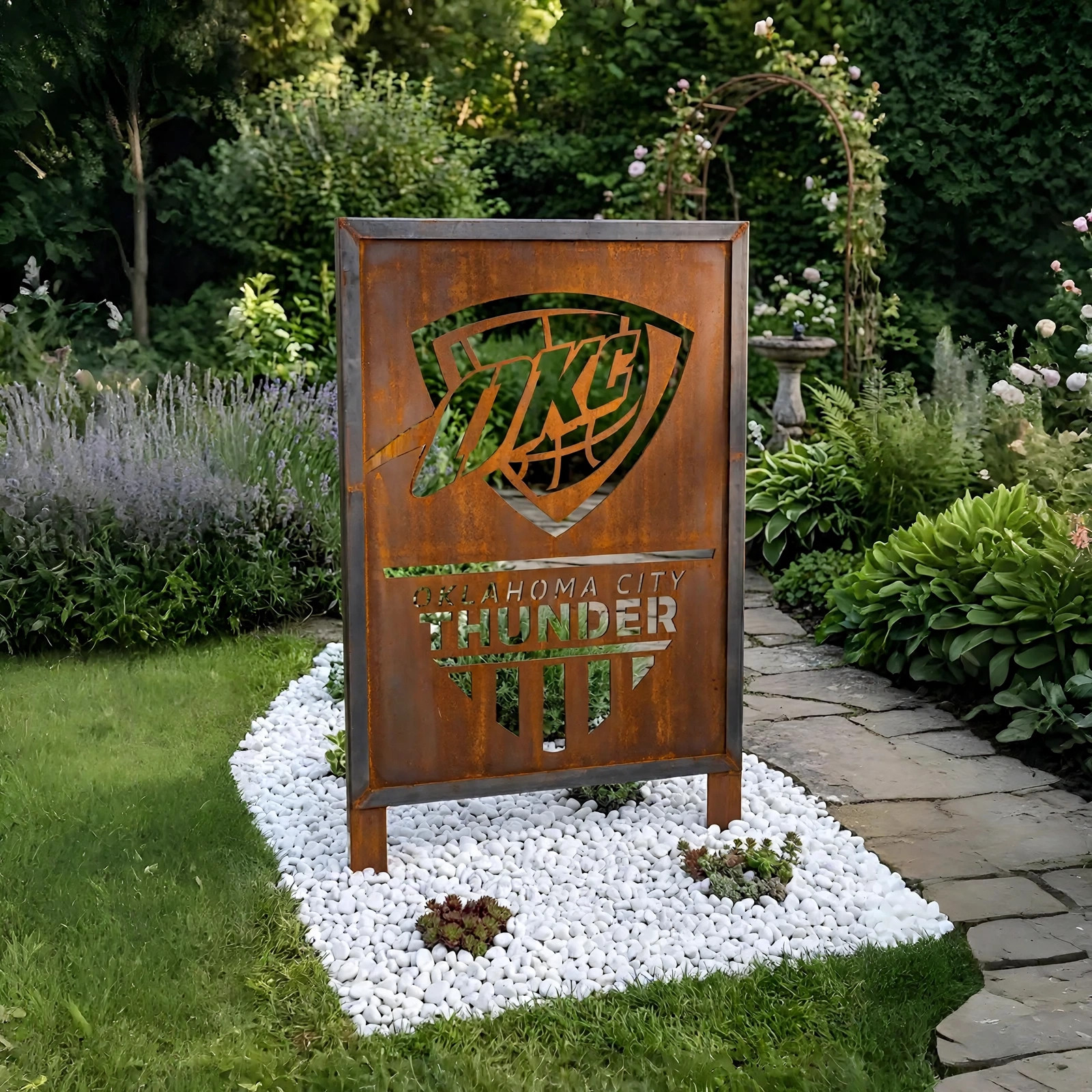 Oklahoma City Thunder Shield Logo Metal Garden Panel – NBA Basketball Fan Outdoor Yard Decor Gift