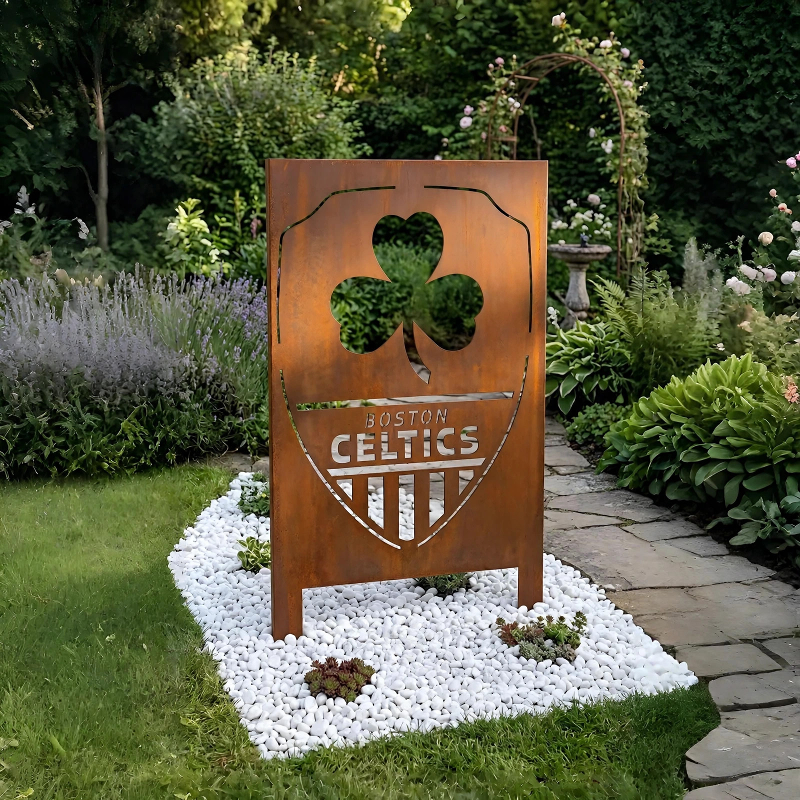 Boston Celtics Shield Logo Metal Garden Panel – NBA Basketball Fan Outdoor Yard Decor Gift