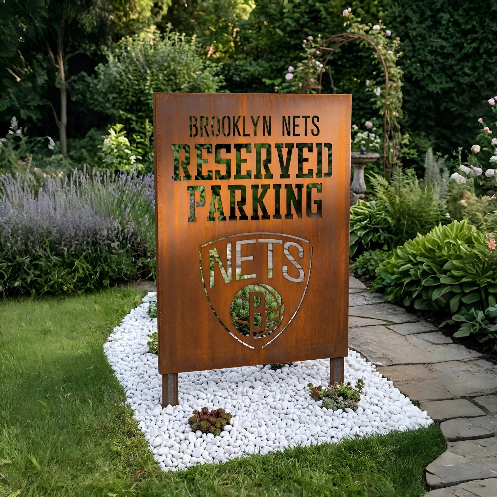 Brooklyn Nets Reserved Parking Logo Metal Garden Panel – NBA Basketball Fan Outdoor Yard Decor Gift