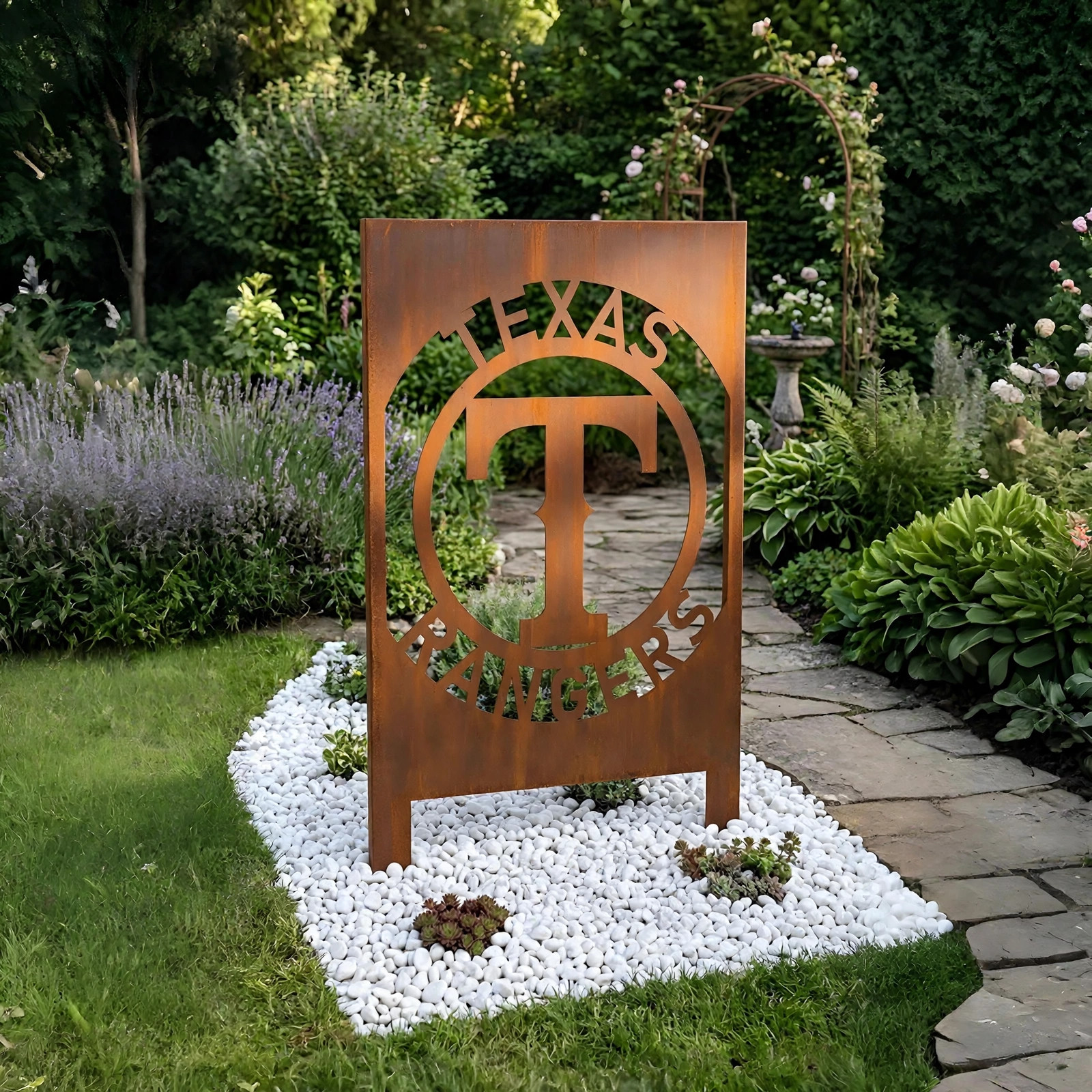 Texas Rangers Logo Metal Garden Panel – MLB Baseball Fan Outdoor Yard Decor Gift