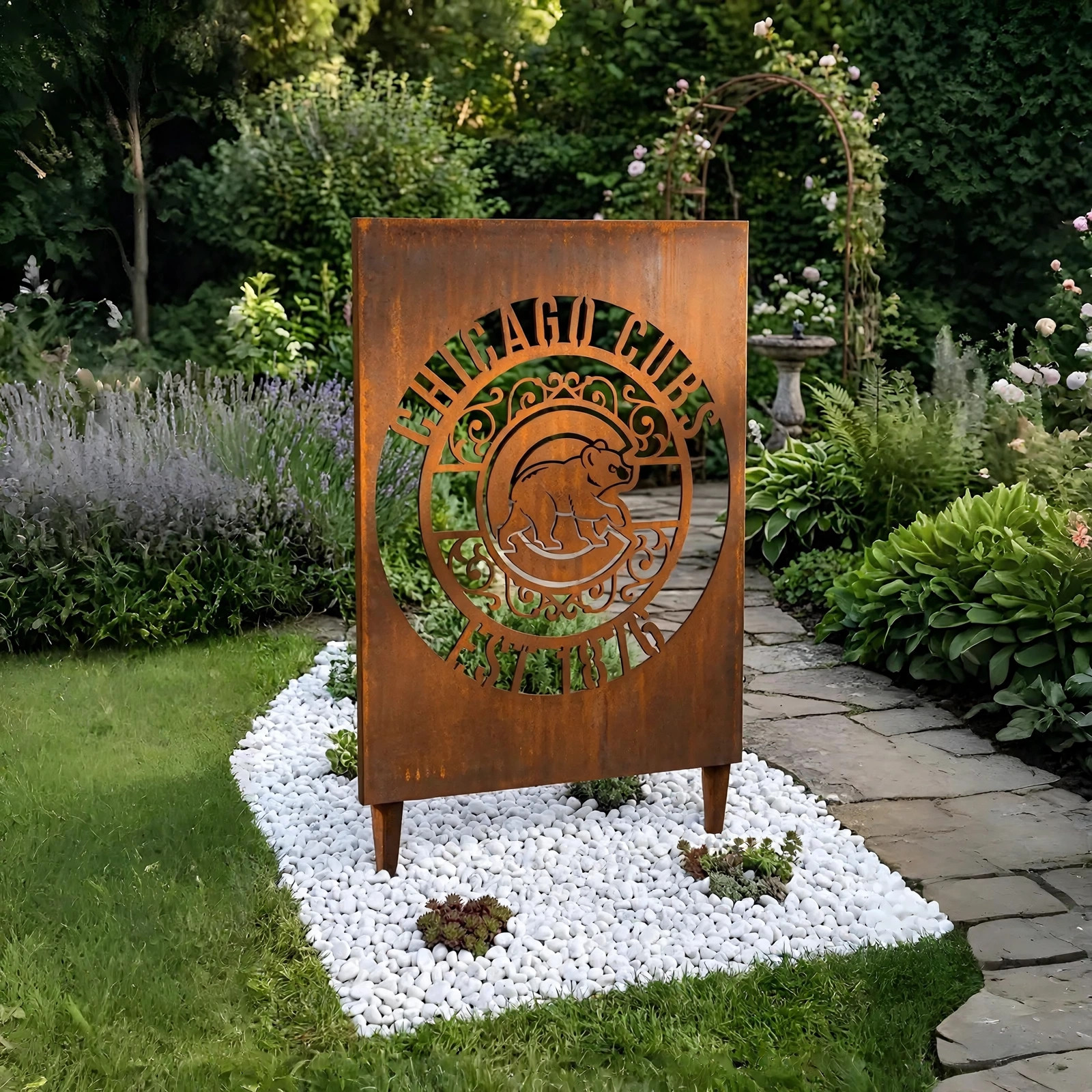 Chicago Cubs Monogram Logo Metal Garden Panel – MLB Baseball Fan Outdoor Yard Decor Gift