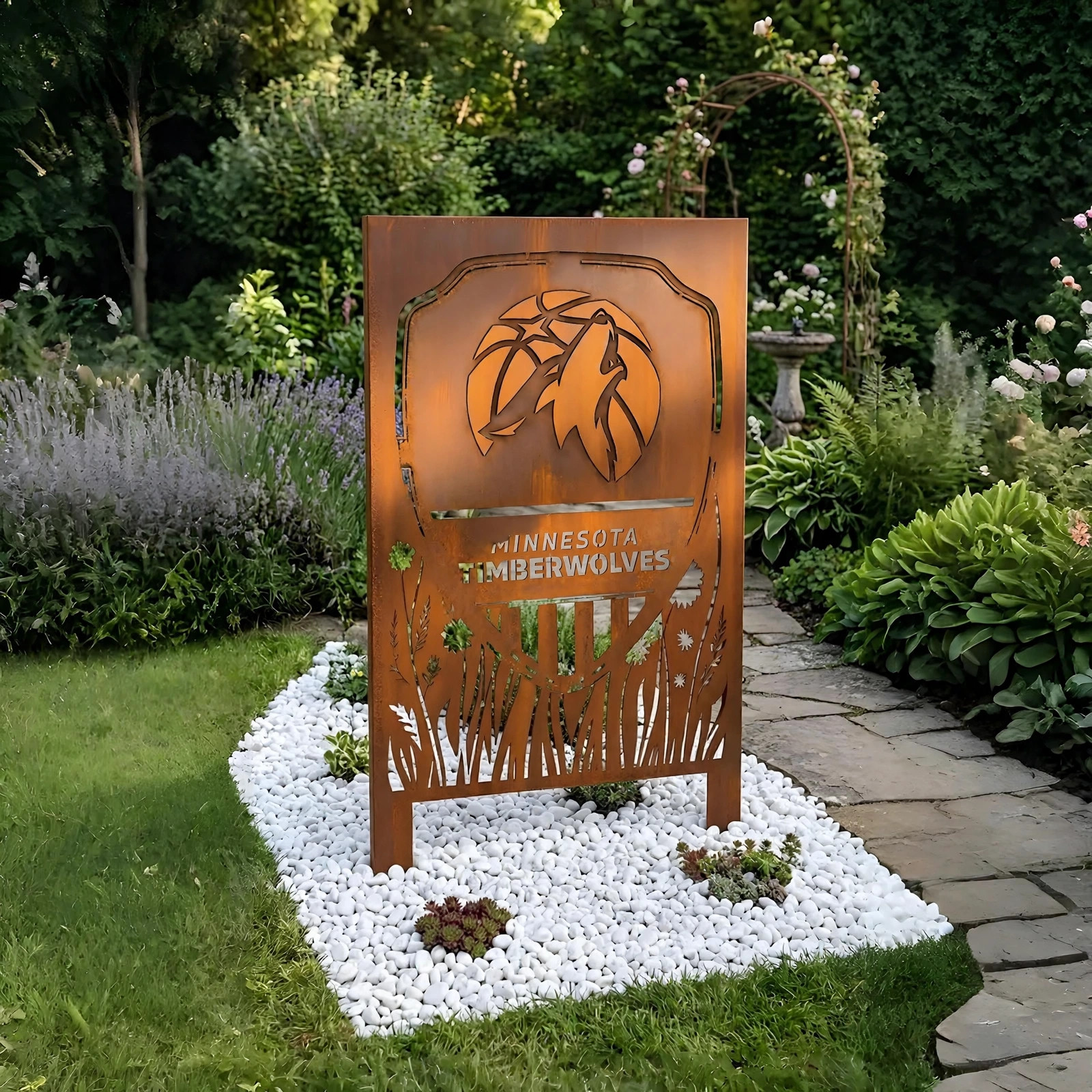 Minnesota Timberwolves Shield Logo Metal Garden Panel – NBA Basketball Fan Outdoor Yard Decor Gift