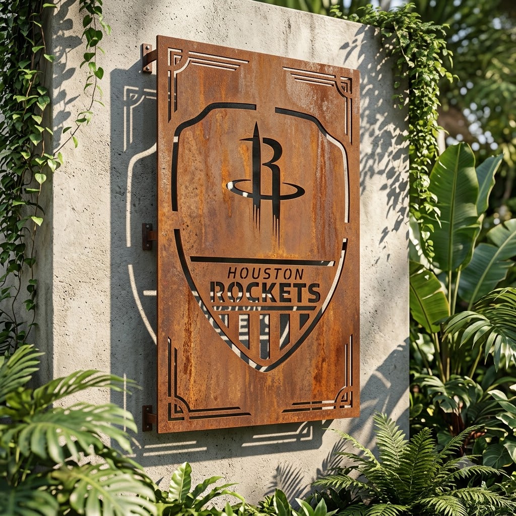 Houston Rockets Shield Shape Custom Metal Garden PanelNBA Fan Wall Art Home Decor