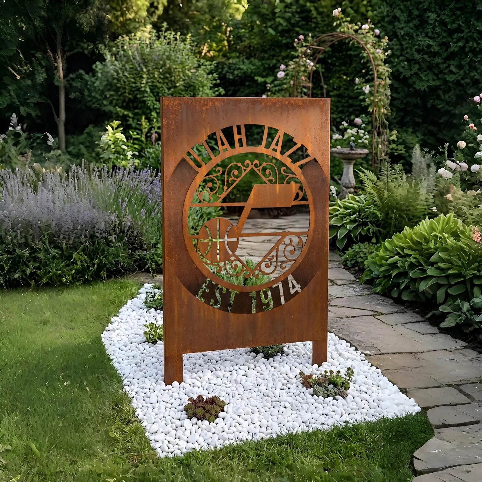Utah Jazz Monogram Logo Metal Garden Panel – NBA Basketball Fan Outdoor Yard Decor Gift