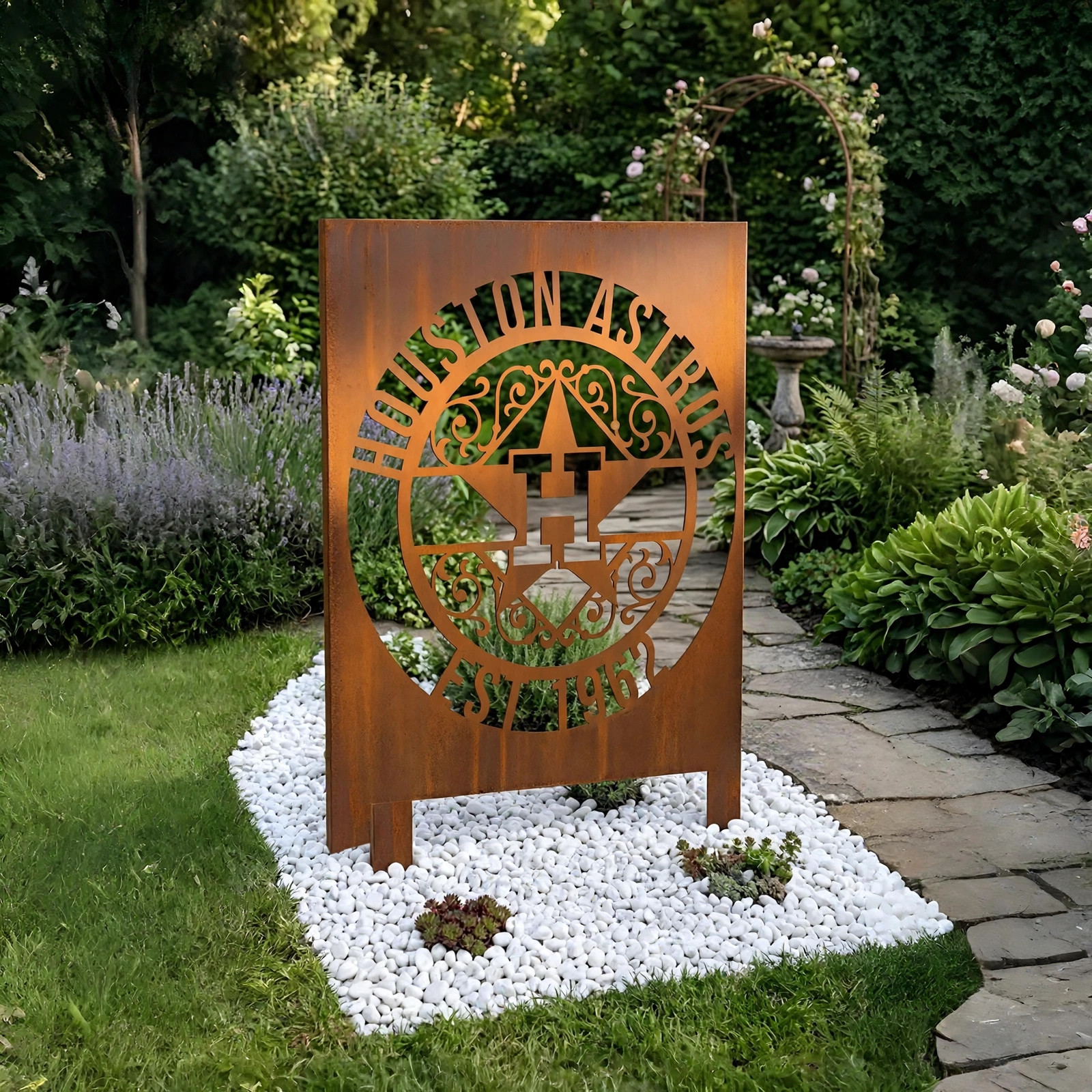 Houston Astros Monogram Logo Metal Garden Panel – MLB Baseball Fan Outdoor Yard Decor Gift