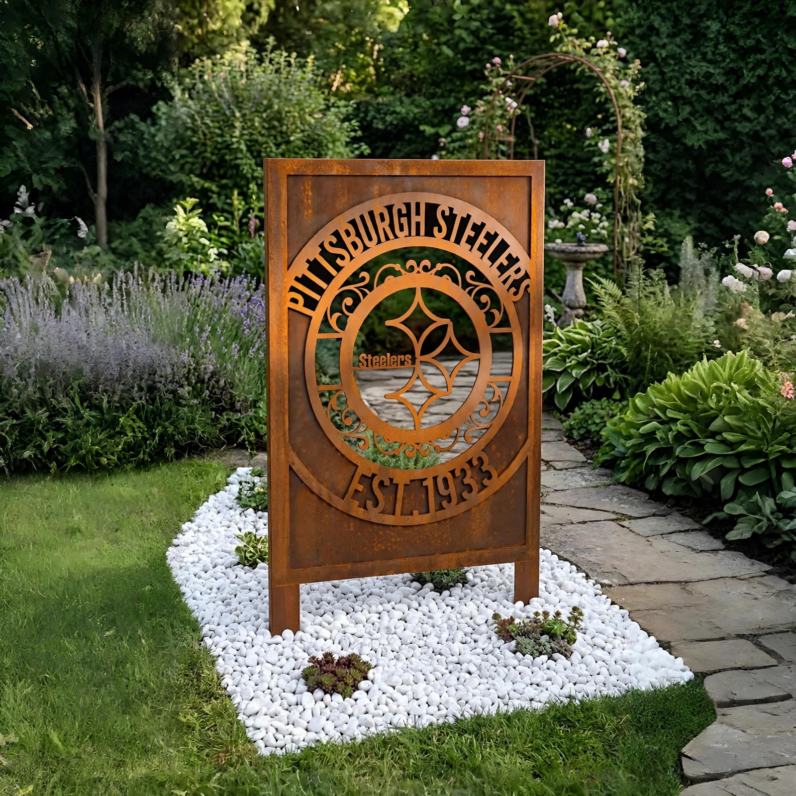 Pittsburgh Steelers Monogram Logo Metal Garden Panel – NFL American Football Fan Outdoor Decor Gift