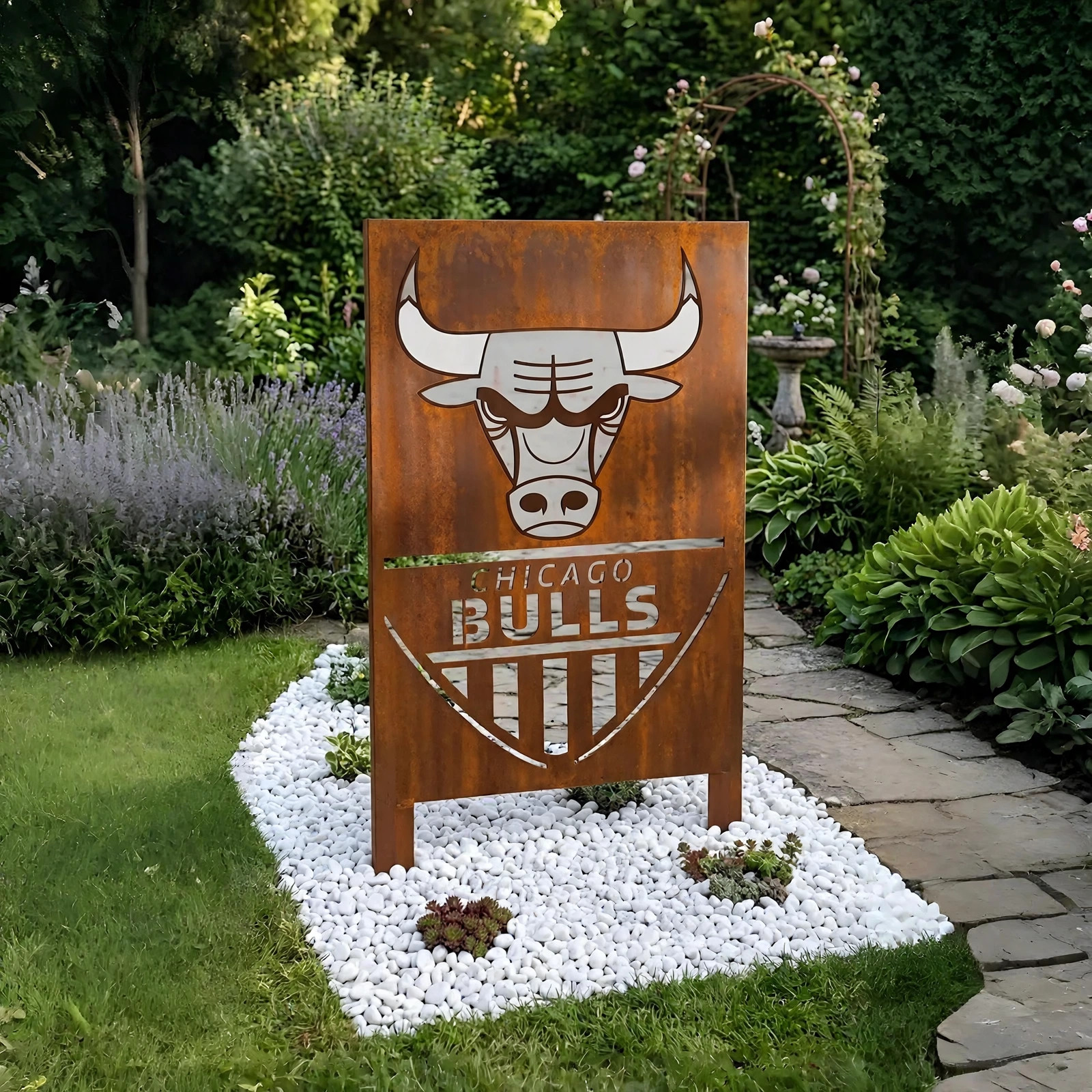 Chicago Bulls Shield Logo Metal Garden Panel – NBA Basketball Fan Outdoor Yard Decor Gift