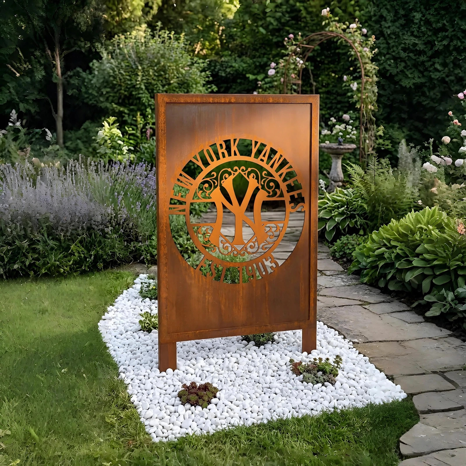 New York Yankees Monogram Logo Metal Garden Panel – MLB Baseball Fan Outdoor Yard Decor Gift