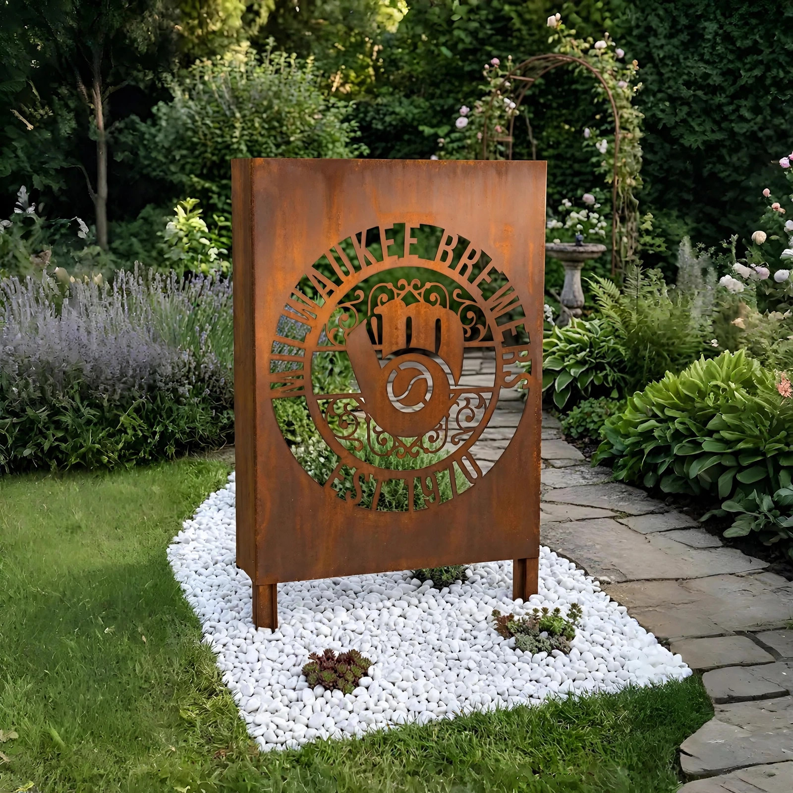 Milwaukee Brewers Monogram Logo Metal Garden Panel – MLB Baseball Fan Outdoor Yard Decor Gift