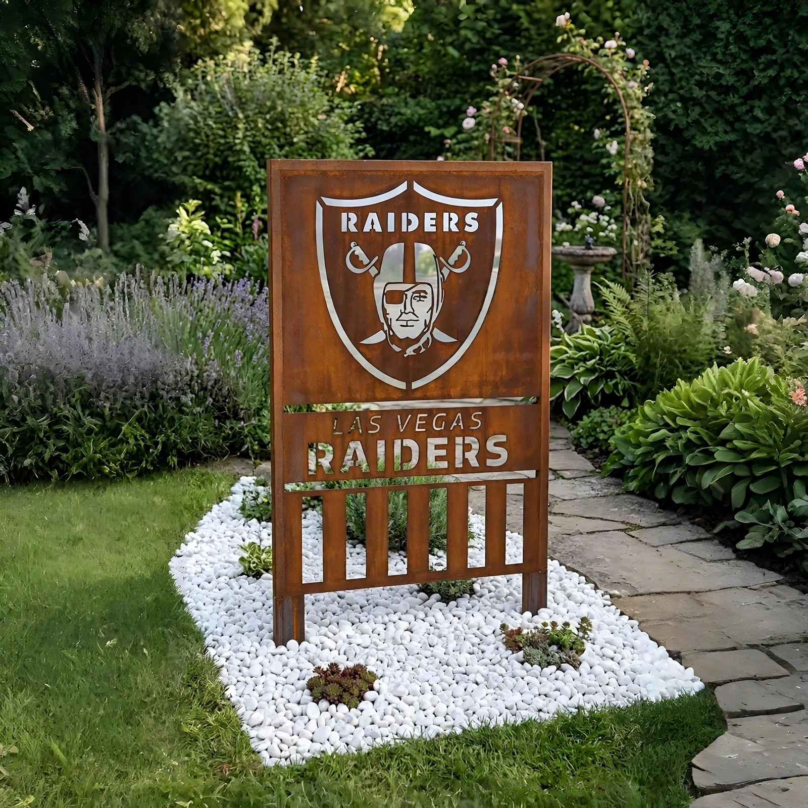 Las Vegas Raiders Shield Logo Metal Garden Panel – NFL American Football Fan Outdoor Yard Decor Gift