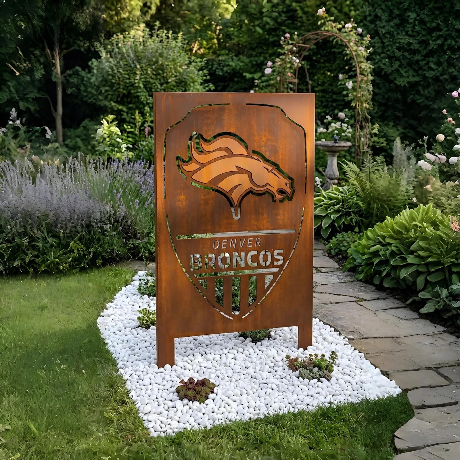 Denver Broncos Shield Logo Metal Garden Panel – NFL American Football Fan Outdoor Yard Decor Gift