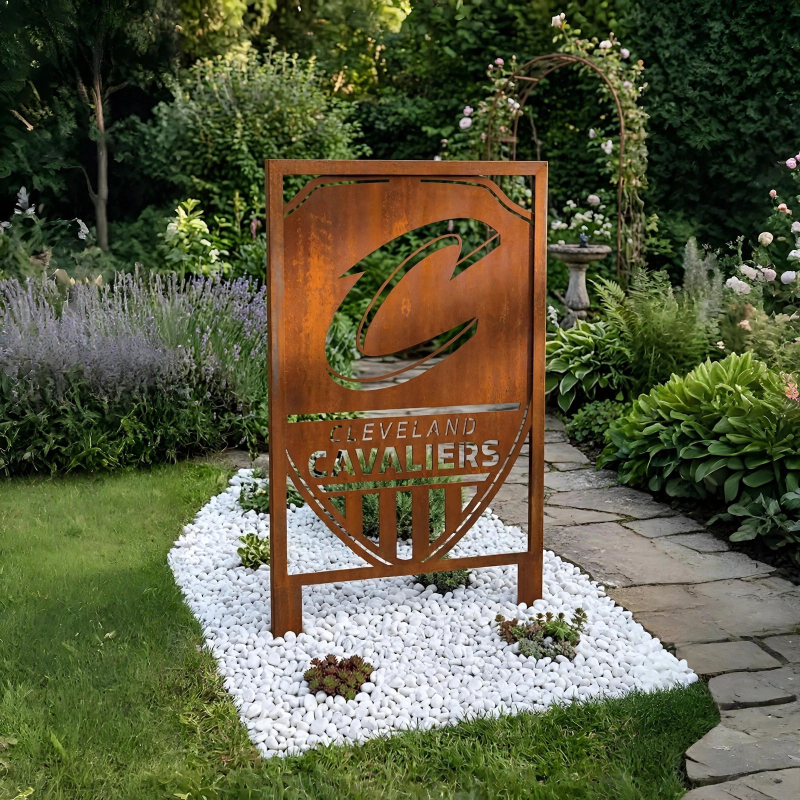 Cleveland Cavaliers Shield Logo Metal Garden Panel – NBA Basketball Fan Outdoor Yard Decor Gift