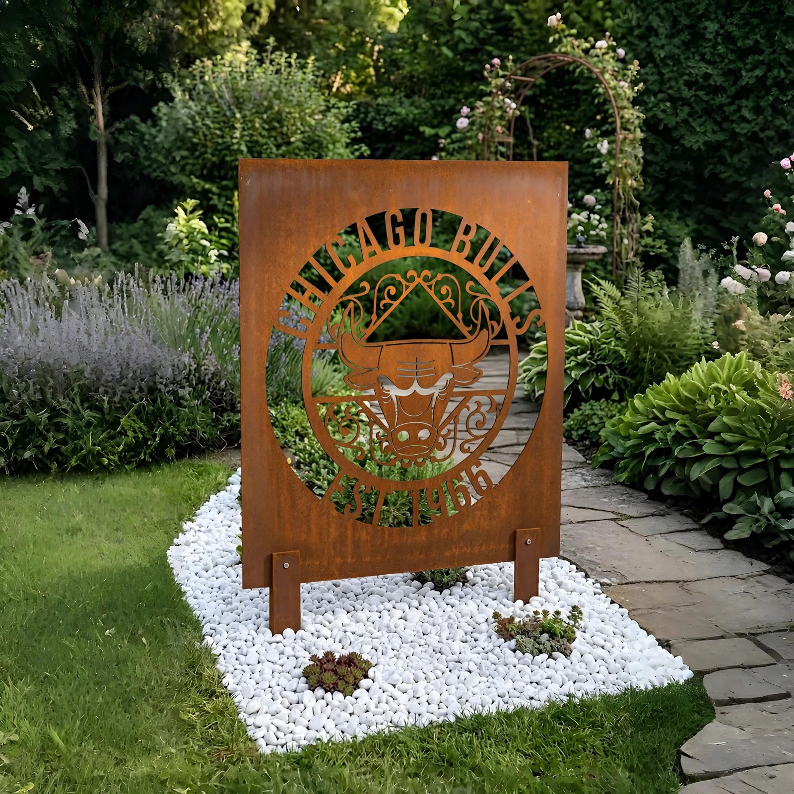 Chicago Bulls Monogram Logo Metal Garden Panel – NBA Basketball Fan Outdoor Yard Decor Gift