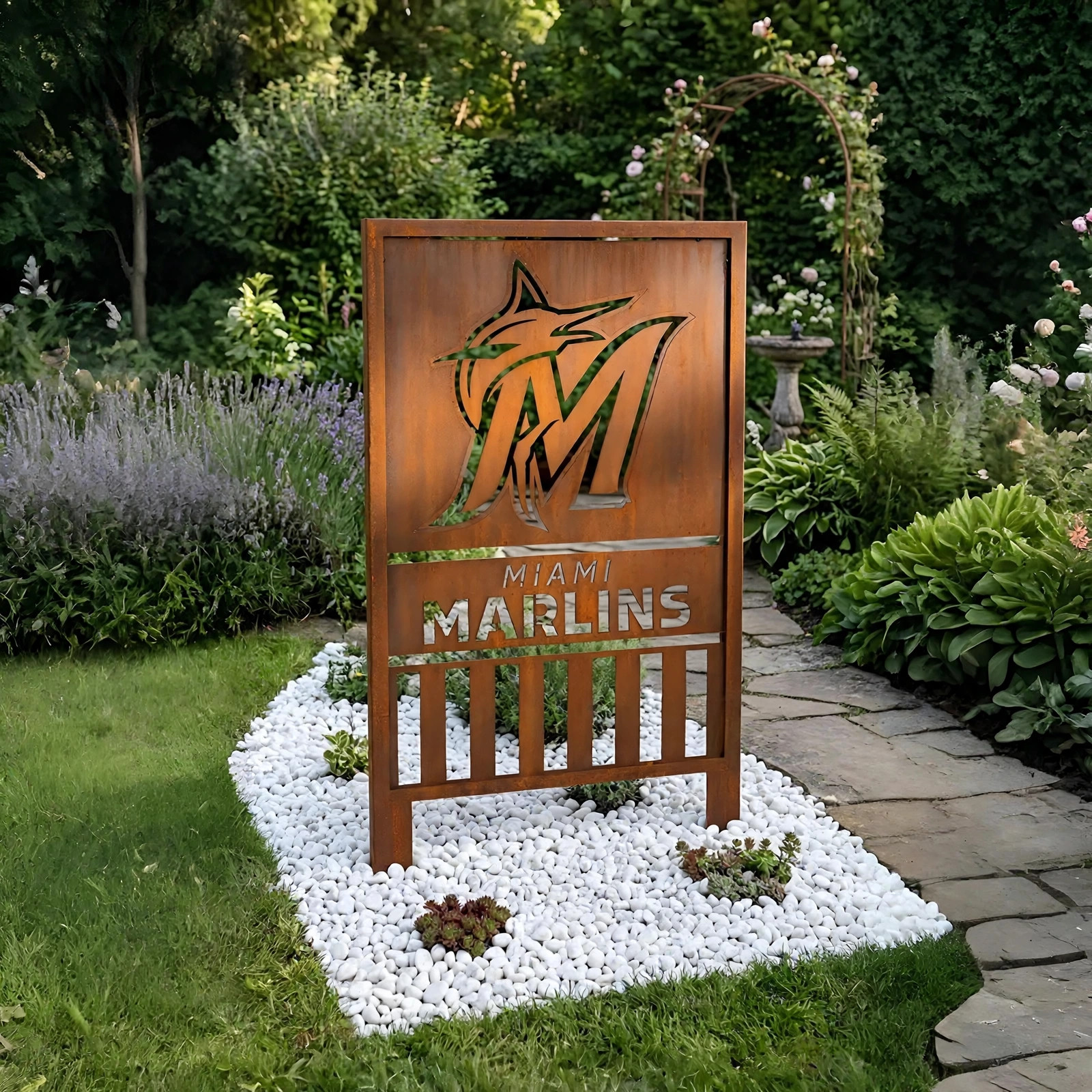 Miami Marlins Shield Logo Metal Garden Panel – MLB Baseball Fan Outdoor Yard Decor Gift