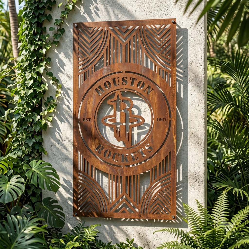 Houston Rockets NBA Custom Metal Garden Panel Metal Wall Art Basketball Fan Gift Outdoor Patio Porch Vintage Deco