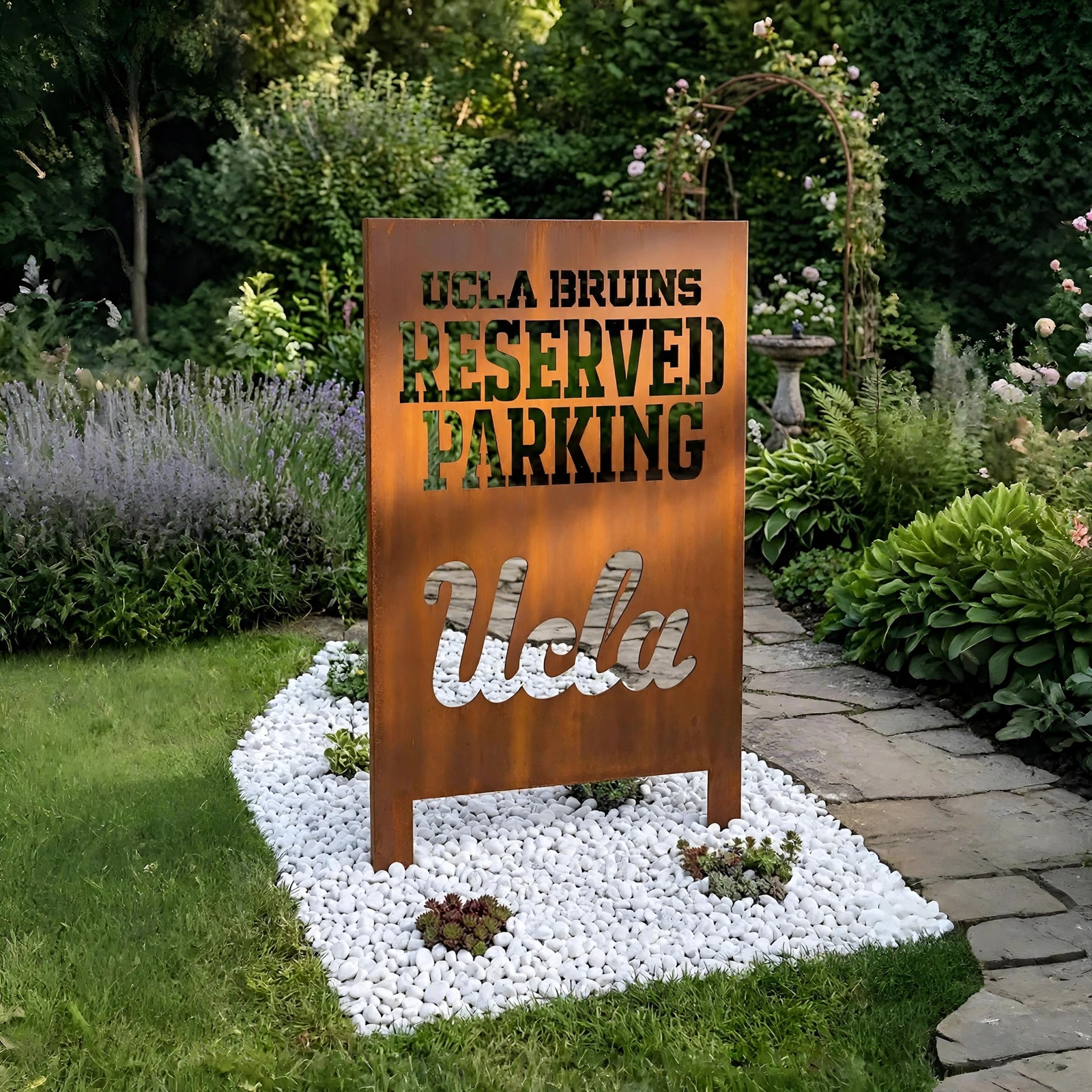 UCLA Bruins Reserved Parking Logo Metal Garden Panel – NCAA Basketball Fan Outdoor Yard Decor Gift