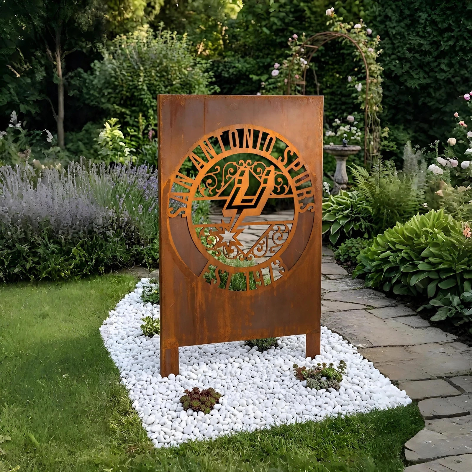 San Antonio Spurs Monogram Logo Metal Garden Panel – NBA Basketball Fan Outdoor Yard Decor Gift