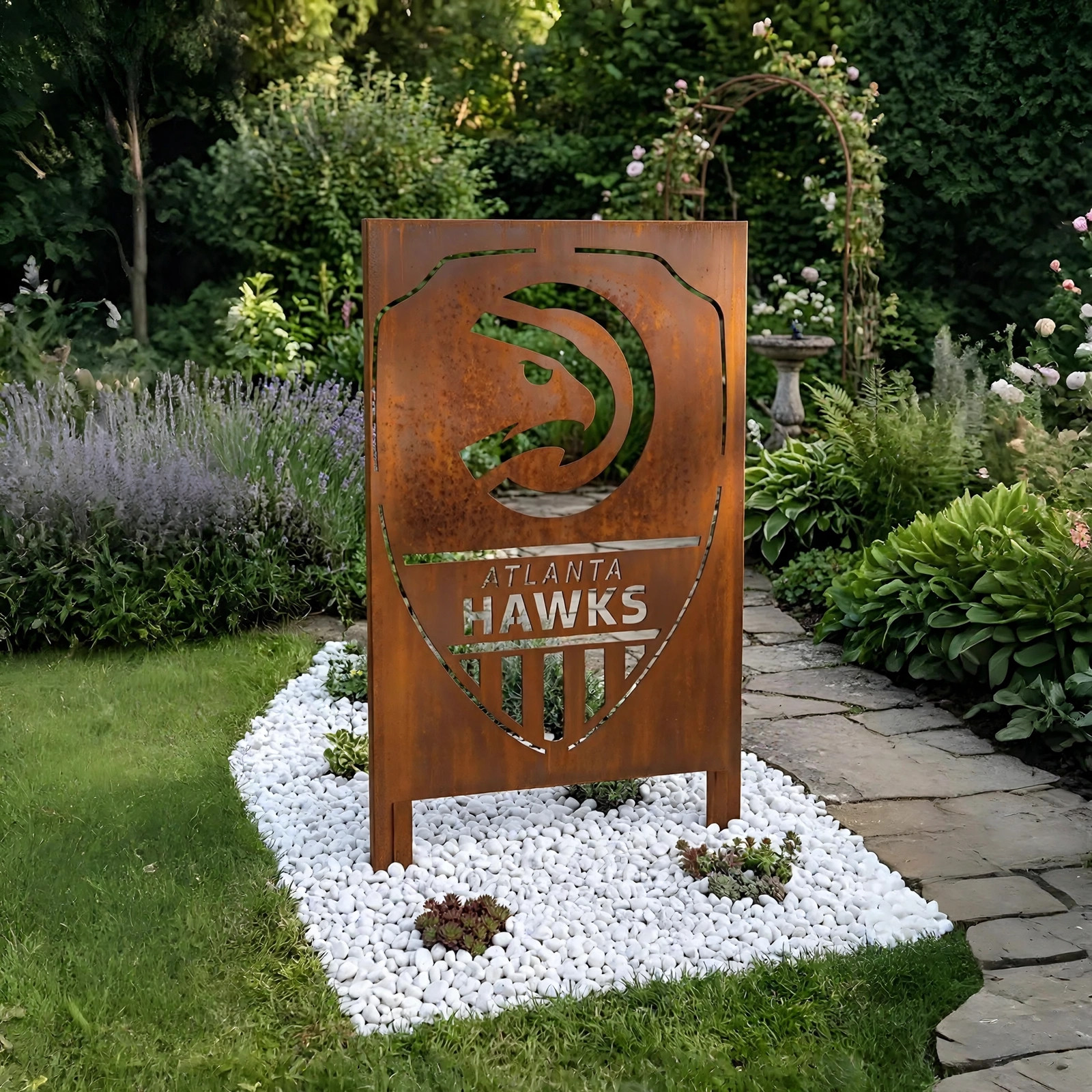 Atlanta Hawks Shield Logo Metal Garden Panel – NBA Basketball Fan Outdoor Yard Decor Gift