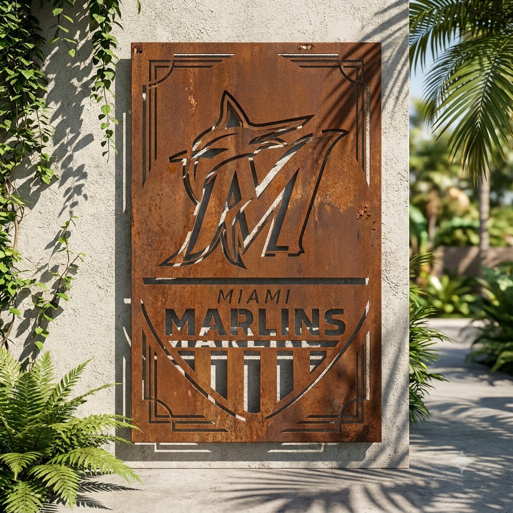 Miami Marlins Shield Shape Metal Custom Metal Garden Panel MLB Fan Wall Art Home Decor