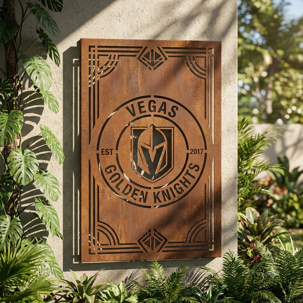 Vegas Golden Knights NHL Fire Roasted Metal Wall Art Hockey Fan Gift Outdoor Patio Porch Vintage Dec