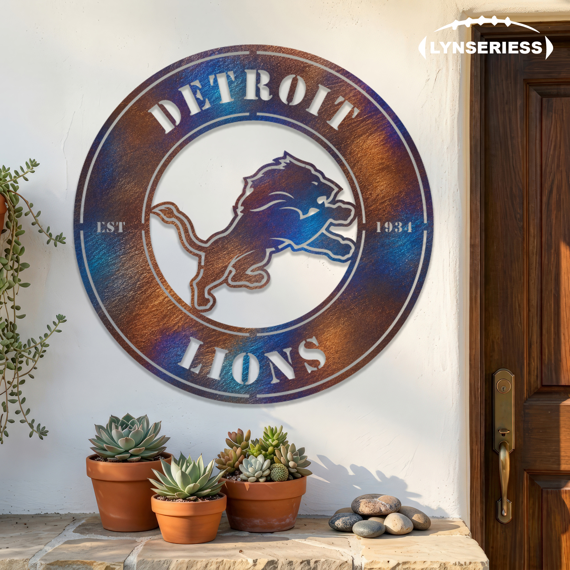 Detroit Lions NFL Fire Roasted Metal Wall Art Football Fan Gift Outdoor Patio Porch Vintage Decor