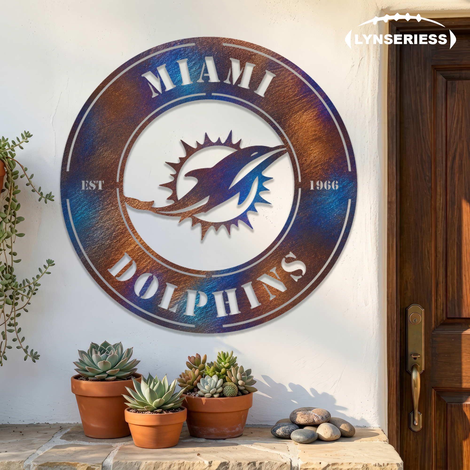 Miami Dolphins NFL Fire Roasted Metal Wall Art Football Fan Gift Outdoor Patio Porch Vintage Decor